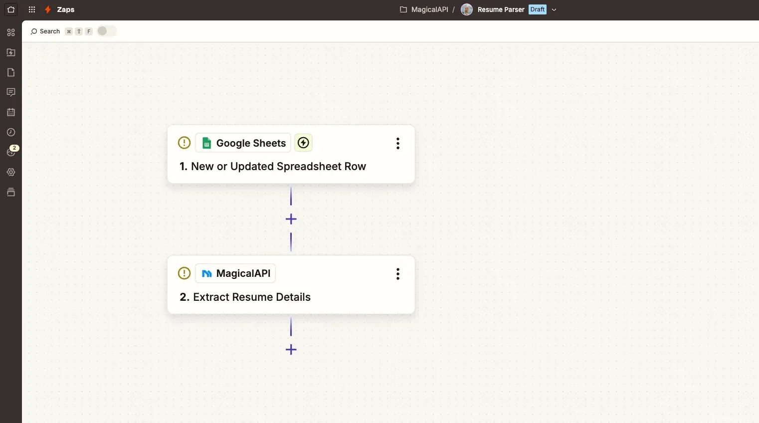 MagicalAPI and Zapier Integration Workflow Dashboard Screenshot