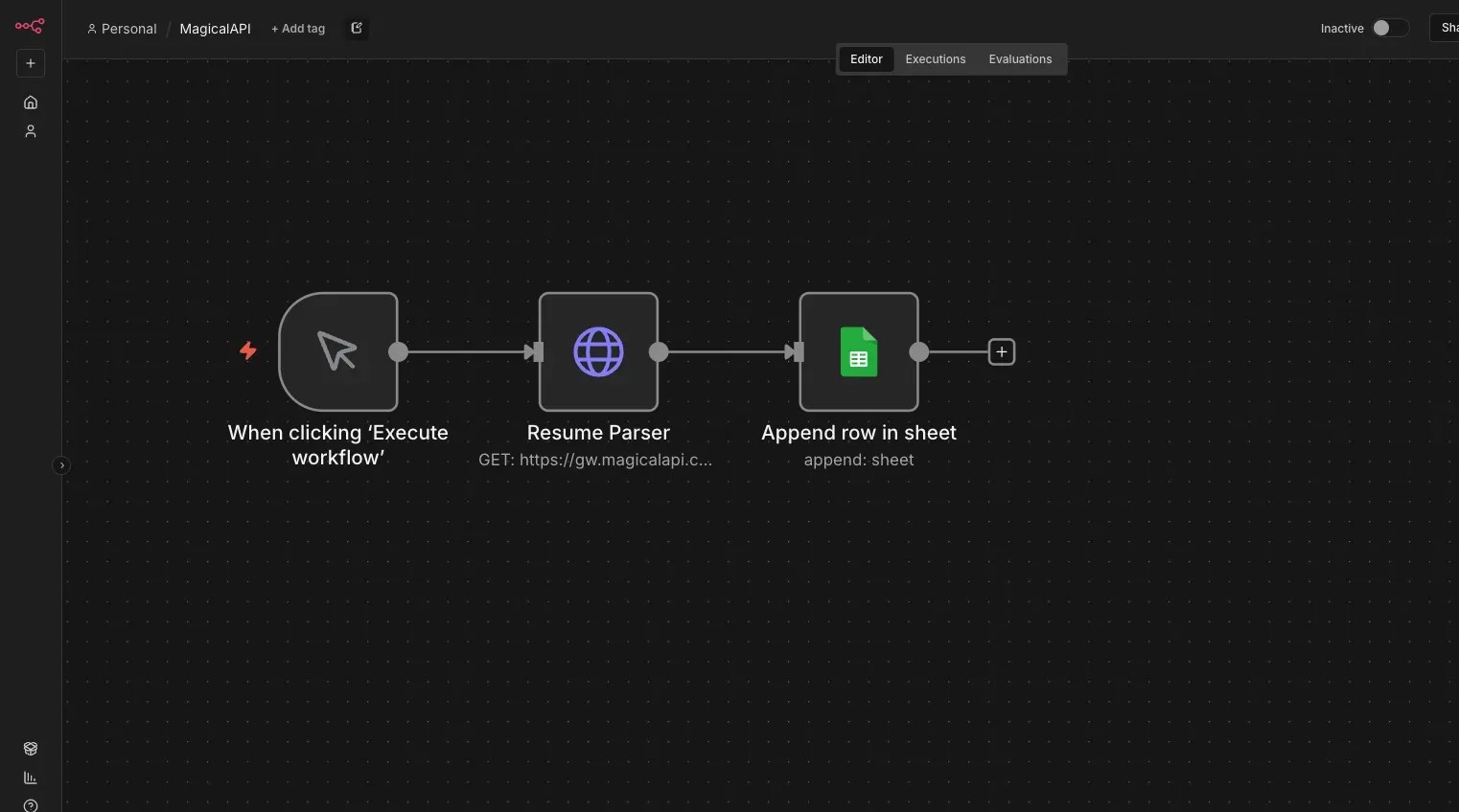 MagicalAPI and n8n Integration Workflow Dashboard Screenshot