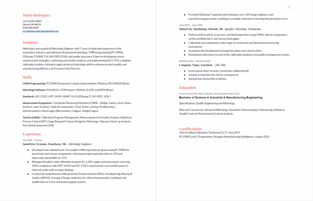 Metrology engineering resume sample