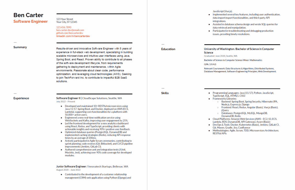 Software engineering resume sample