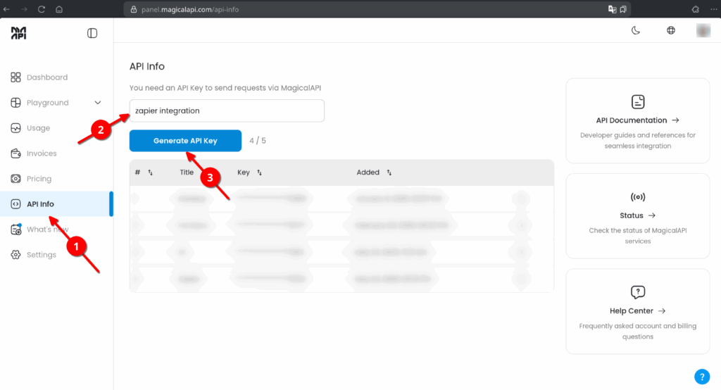 API info page in MagicalAPI panel