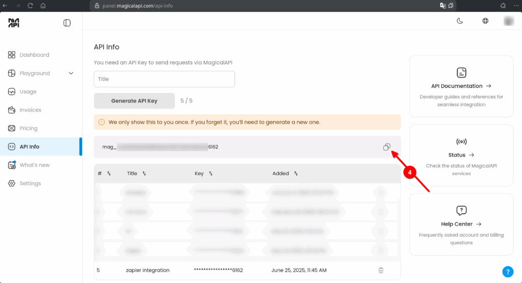Copy generated API key