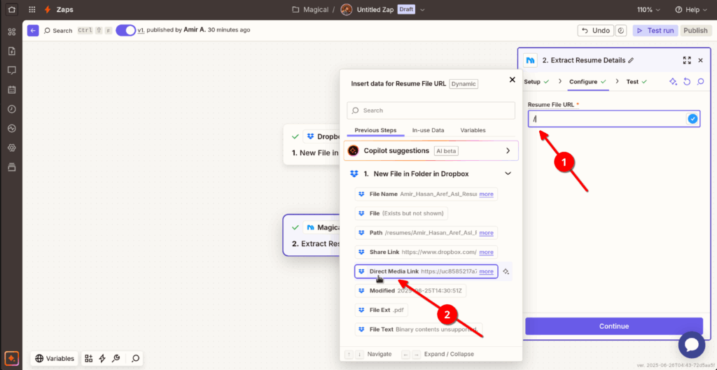 Assign resume's file direct URL to MagicalAPI resume parser action