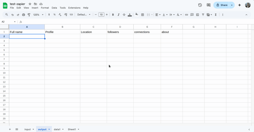 the output Worksheet you select in Zapier should have column headers