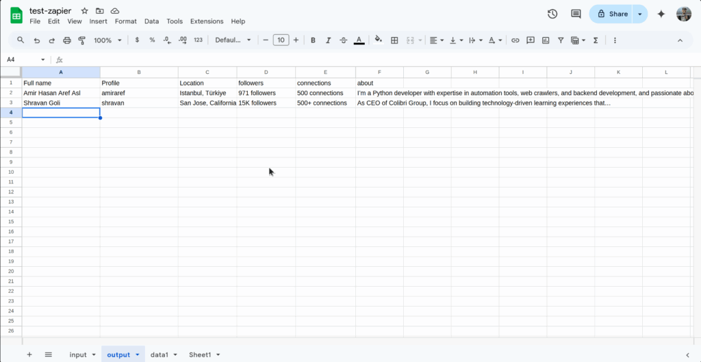 how the output worksheet looks after adding some profiles to the input sheet and running the Zaps: