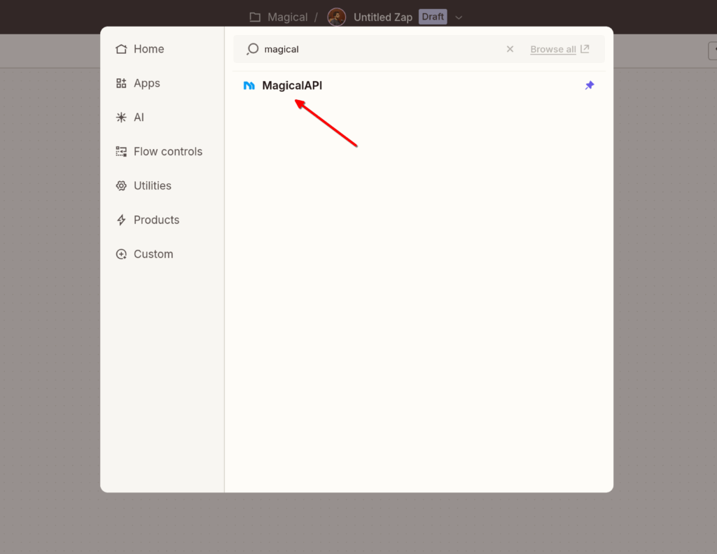 Select MagicalAPI action in zap editor