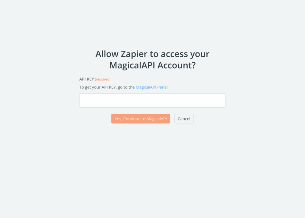 Zap API key input for MagicalAPI account