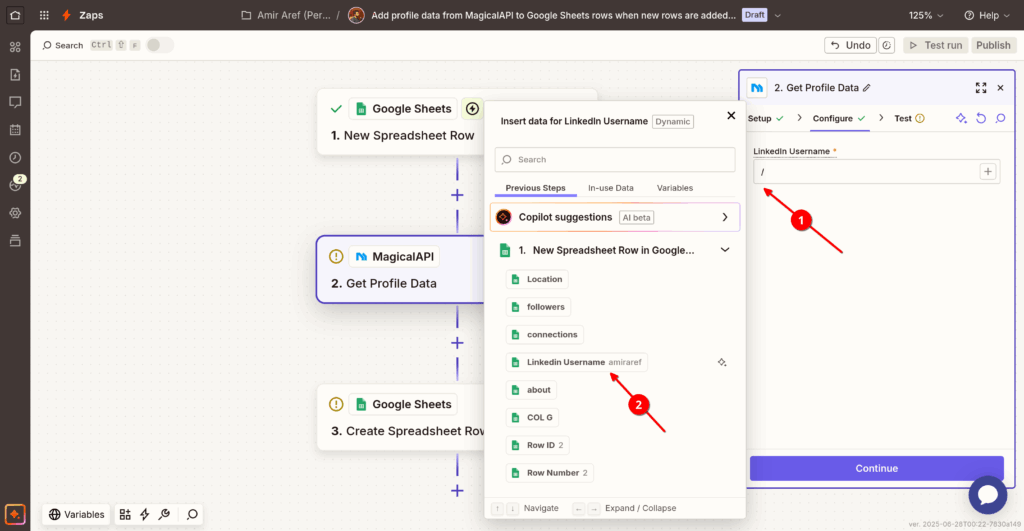 Use the columns from the Google Sheet in the previous step, which appear as dynamic input data