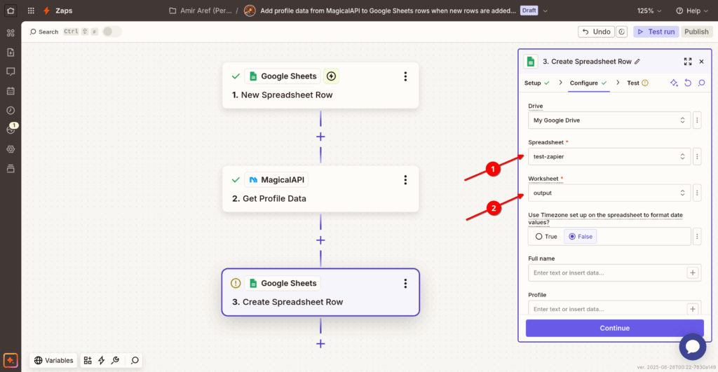 how the action configuration will look in the Zap editor