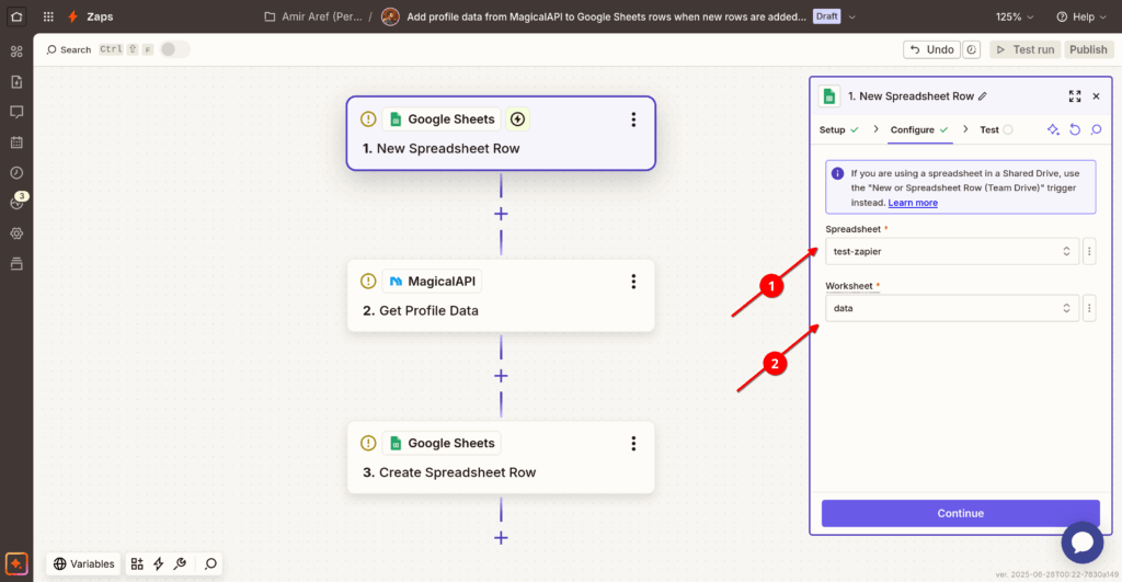 select the Spreadsheet and its worksheet that you want the workflow to trigger when a new row is added.