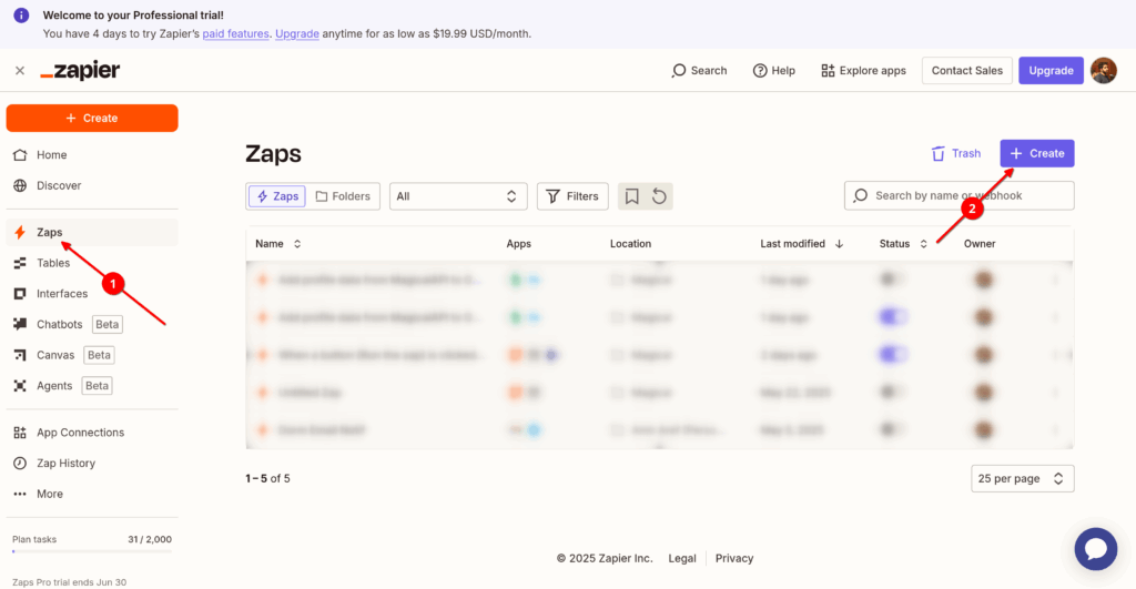 Zaps list in Zapier dashboard