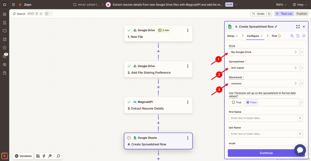 how the action configuration will look in the Zap editor:
