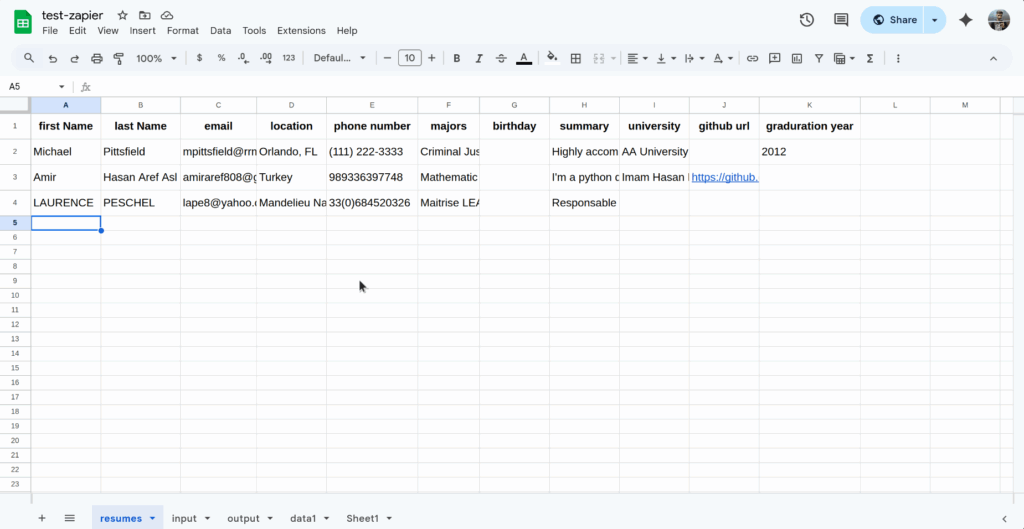 how the output worksheet looks after adding some files to Google Drive and running the Zaps: